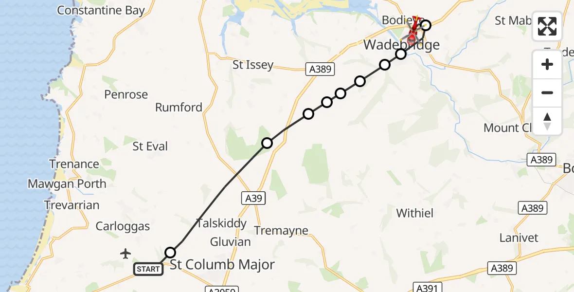Flight route Air Ambulance Helicopter Cornwall Airport Newquay - Egloshayle, 25 August 2026, 08:49