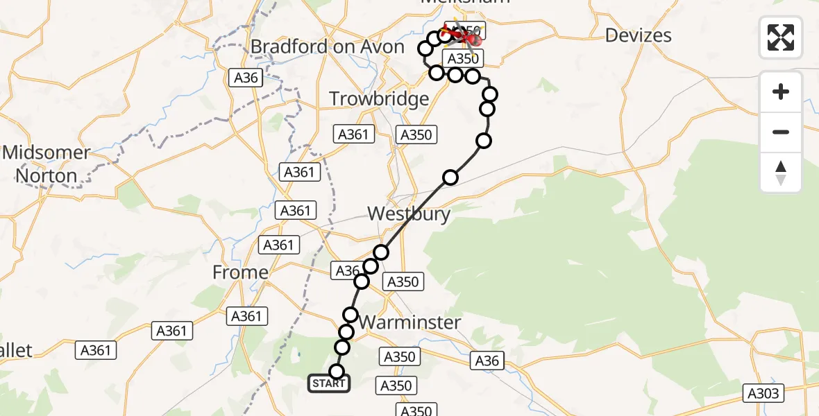 Flight route Air Ambulance Helicopter Horningsham - Wiltshire Air Ambulance, 25 August 2026, 09:14