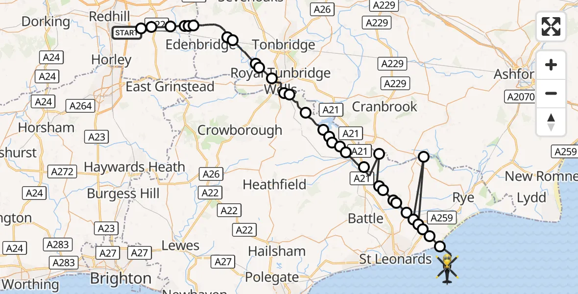 Flight route Police Helicopter South Nutfield - English Channel, 25 August 2026, 09:25