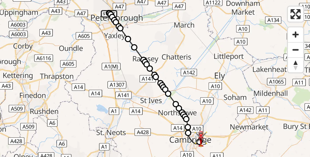 Flight route Air Ambulance Helicopter Peterborough City Hospital - Cambridge City Airport, 25 August 2026, 09:39