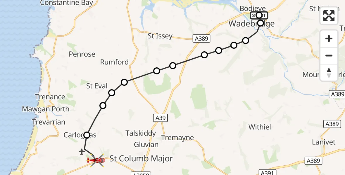 Flight route Air Ambulance Helicopter Wadebridge - Cornwall Airport Newquay, 25 August 2026, 09:39