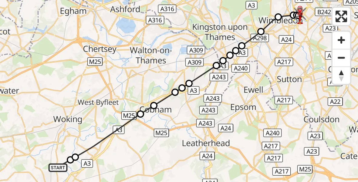 Flight route Air Ambulance Helicopter Guildford - St Georges Hospital, 25 August 2026, 09:44