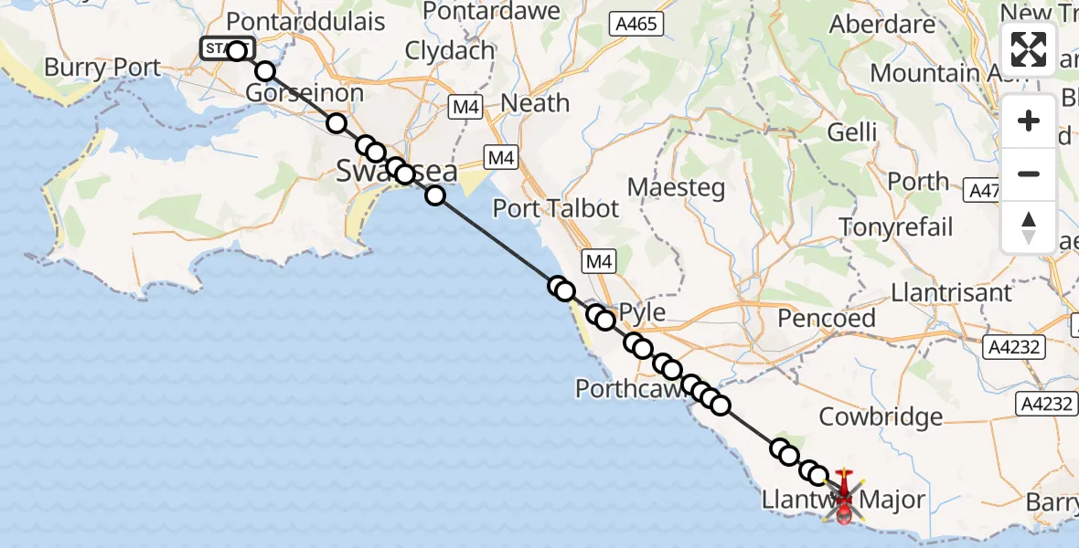 Flight route Air Ambulance Helicopter Dafen - Llantwit Major, 25 August 2026, 09:48