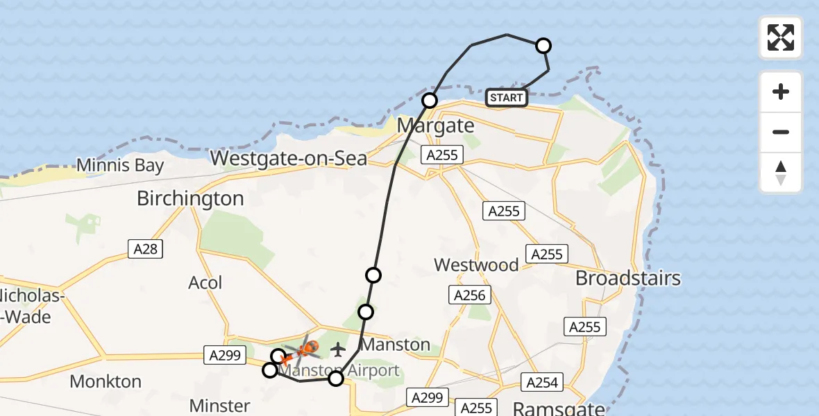 Flight route Coastguard Helicopter Margate - Manston Airport, 25 August 2026, 09:49