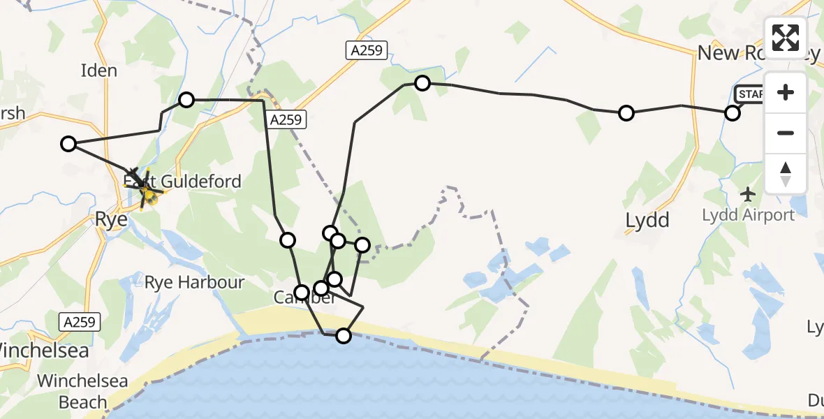 Flight route Police Helicopter New Romney - Rye, 25 August 2026, 09:58