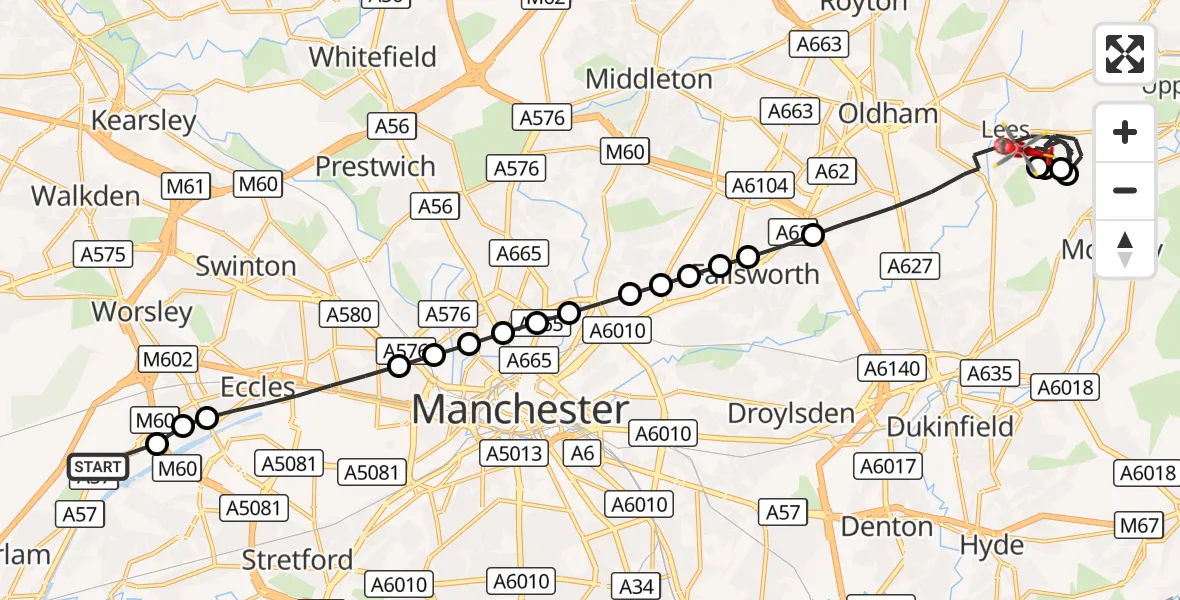 Flight route Air Ambulance Helicopter Manchester Barton Aerodrome - Oldham, 25 August 2026, 10:12