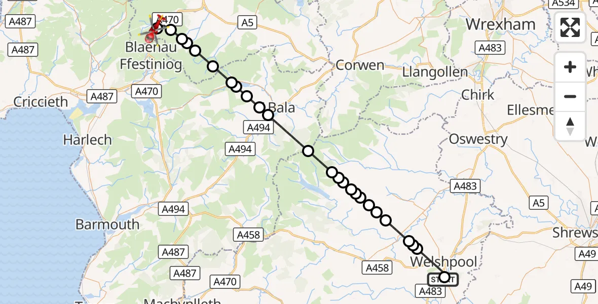Flight route Air Ambulance Helicopter Welshpool Airport - Blaenau Dolwyddelan, 25 August 2026, 10:21