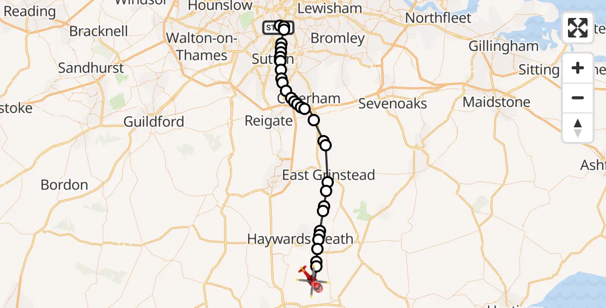 Flight route Air Ambulance Helicopter St Georges Hospital - Lewes, 25 August 2026, 10:47