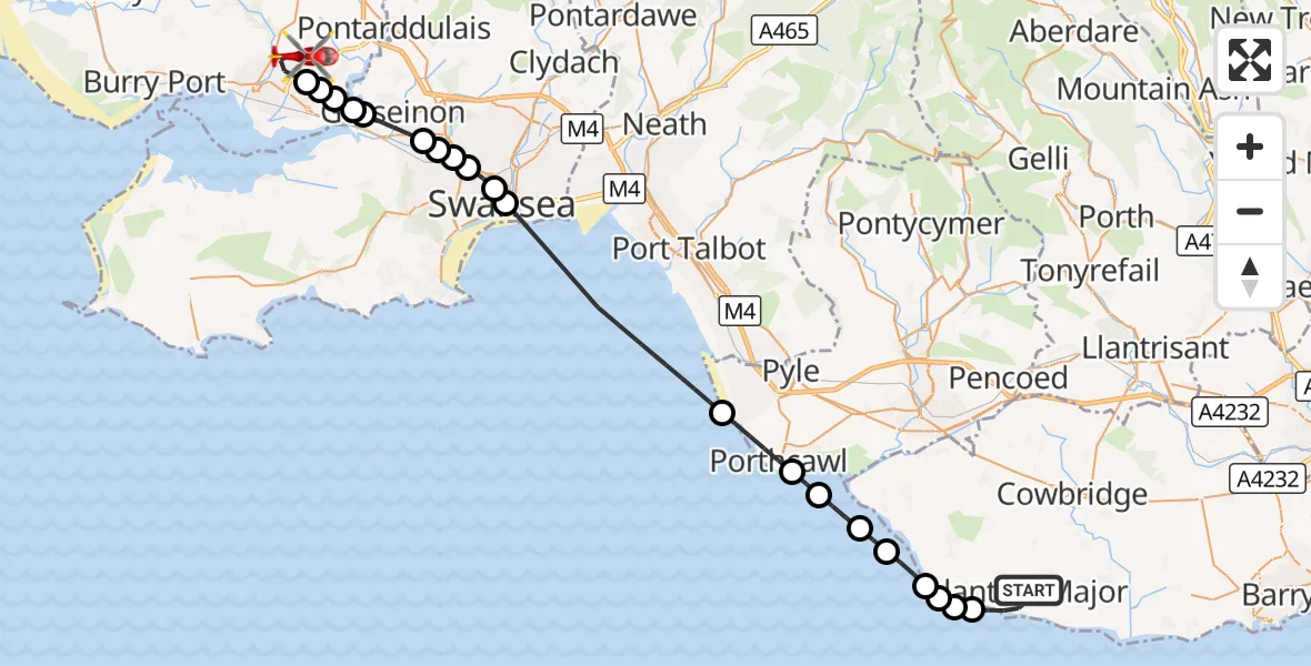 Flight route Air Ambulance Helicopter Llantwit Major - Dafen, 25 August 2026, 10:52