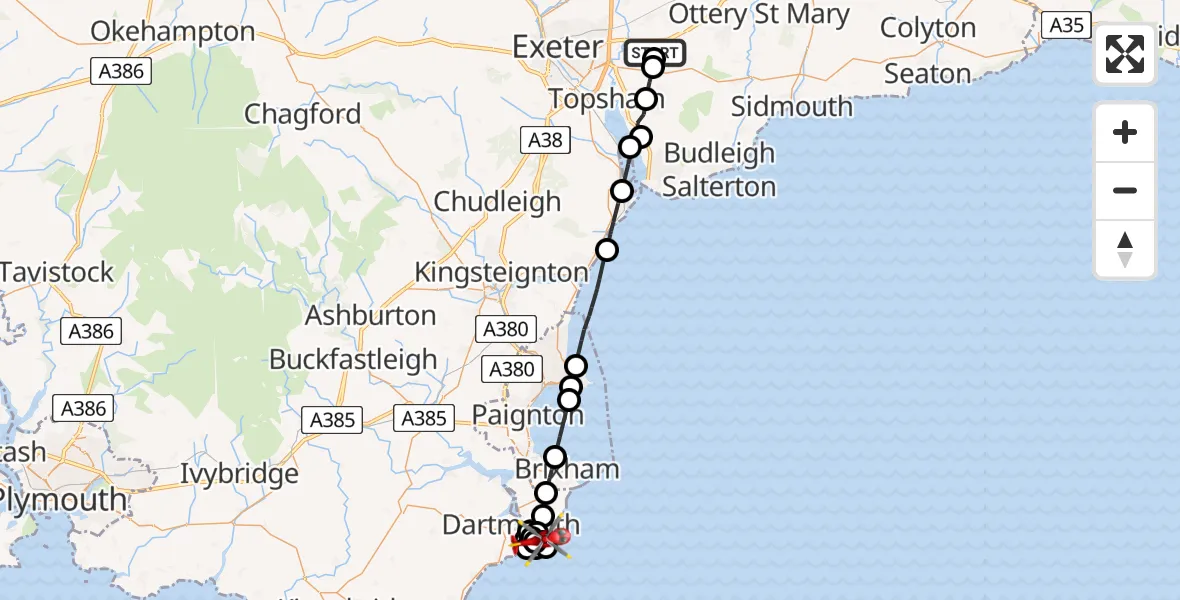 Flight route Air Ambulance Helicopter East Devon - Kingswear, 25 August 2026, 11:03