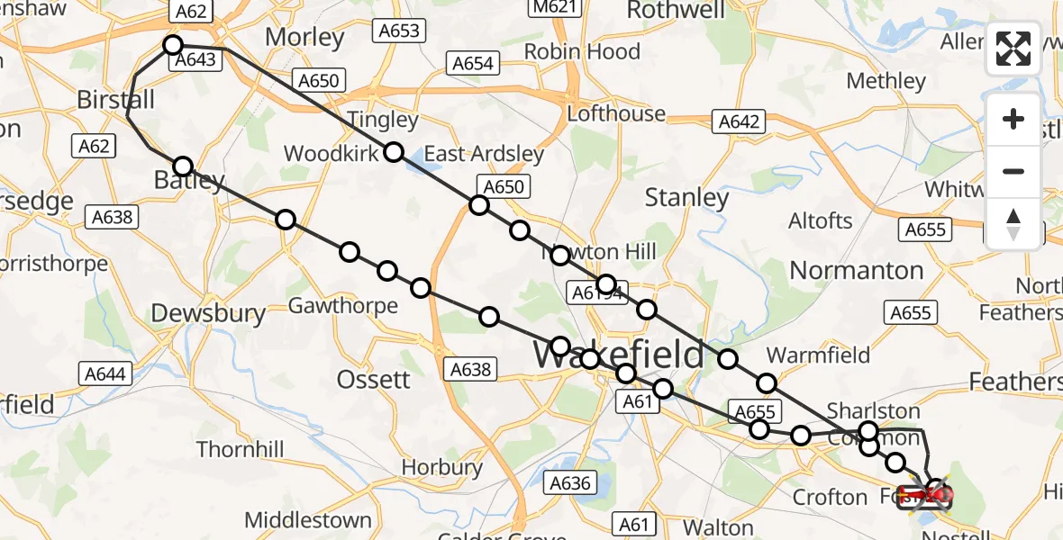 Flight route Air Ambulance Helicopter YAA Nostell Helicopter Port - YAA Nostell Helicopter Port, 25 August 2026, 11:06