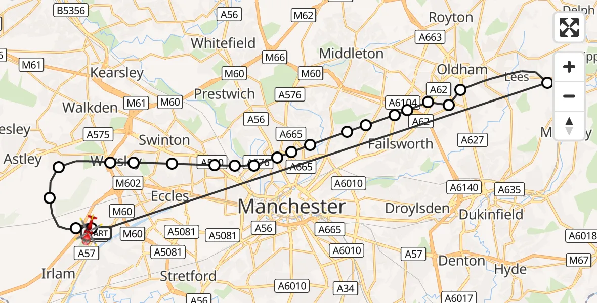 Flight route Air Ambulance Helicopter Manchester Barton Aerodrome - Irlam, 25 August 2026, 11:13