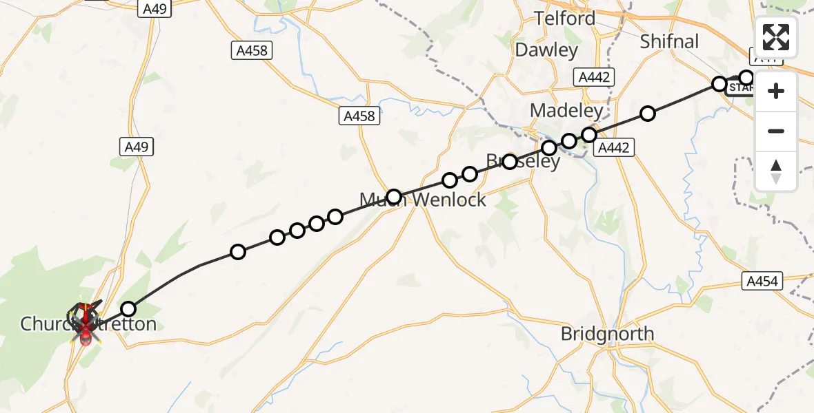 Flight route Air Ambulance Helicopter RAF Cosford - Church Stretton, 25 August 2026, 11:17
