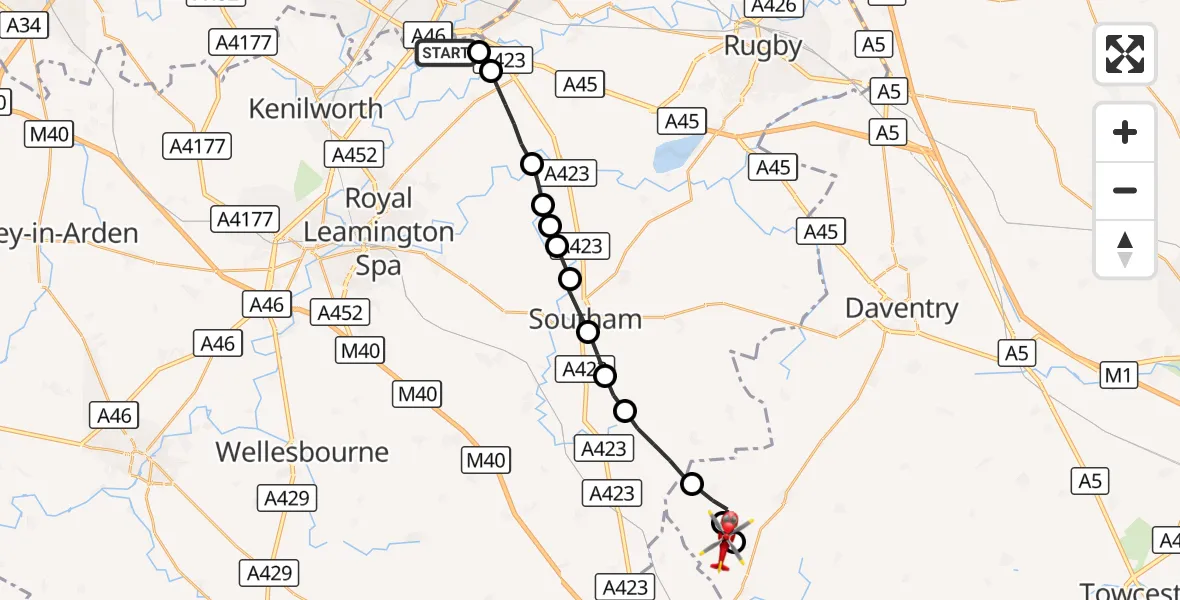 Flight route Air Ambulance Helicopter Coventry Airport - Aston le Walls, 25 August 2026, 11:17