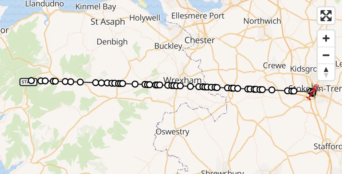 Flight route Air Ambulance Helicopter Blaenau Dolwyddelan - University Hospital North Staffs, 25 August 2026, 11:48