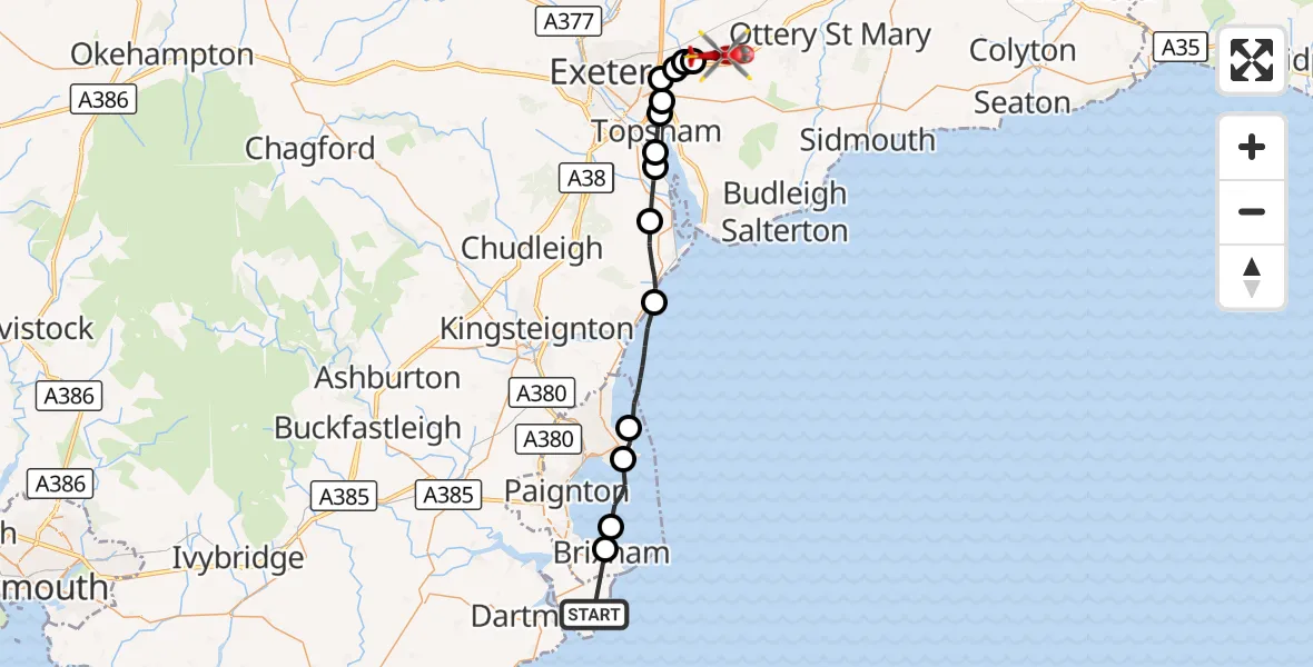 Flight route Air Ambulance Helicopter South Hams - Exeter International Airport, 25 August 2026, 11:59