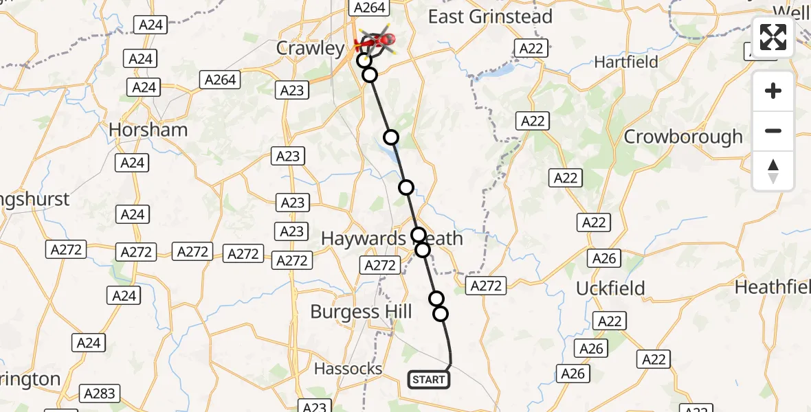 Flight route Air Ambulance Helicopter Lewes - Mid Sussex, 25 August 2026, 12:01