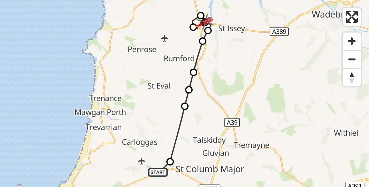 Flight route Air Ambulance Helicopter Cornwall Airport Newquay - Padstow, 25 August 2026, 12:08