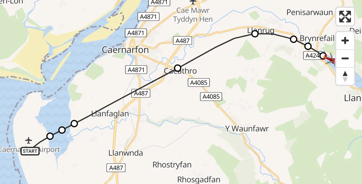 Flight route Air Ambulance Helicopter Caernarfon Airport - Llyn Padarn, 25 August 2026, 12:10