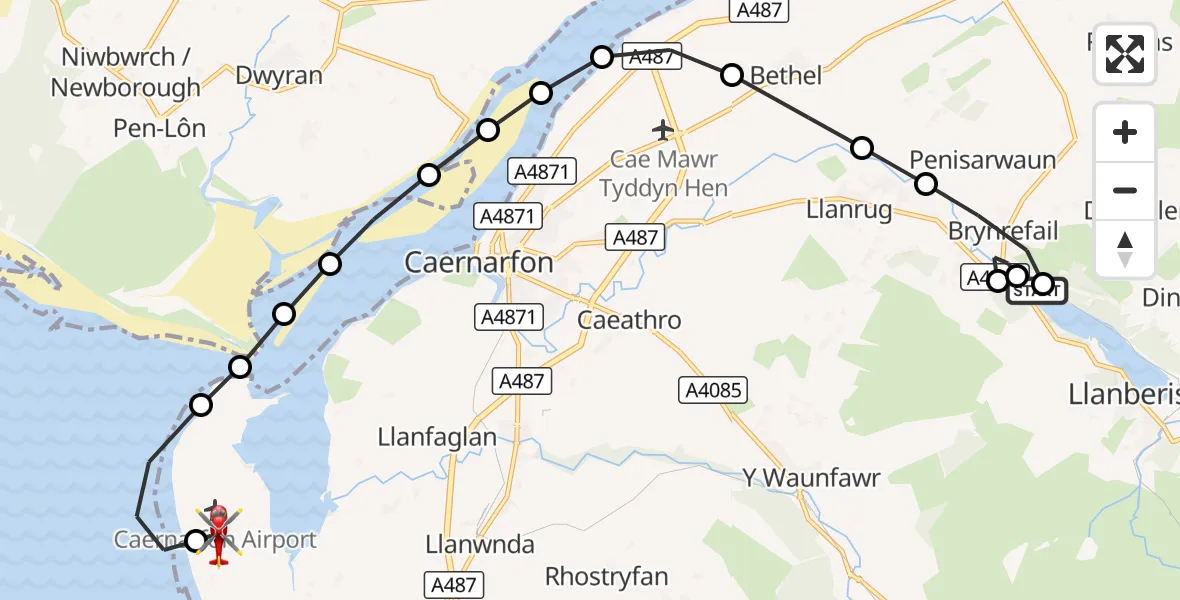 Flight route Air Ambulance Helicopter Llyn Padarn - Caernarfon Airport, 25 August 2026, 12:19