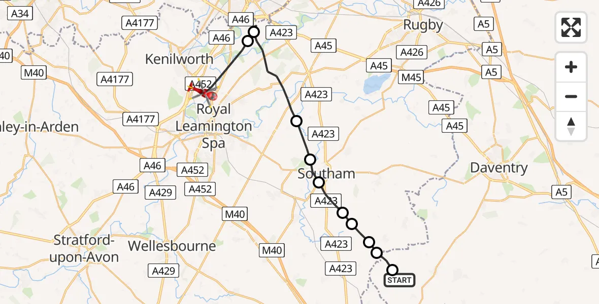 Flight route Air Ambulance Helicopter Lower Boddington - Warwick, 25 August 2026, 12:19