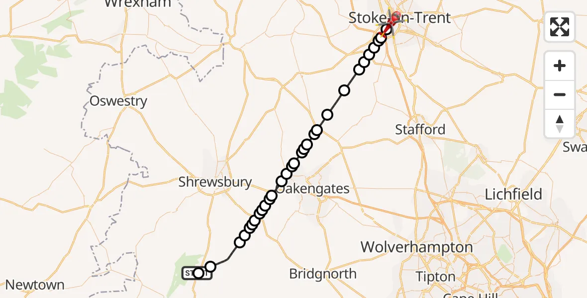 Flight route Air Ambulance Helicopter Church Stretton - University Hospital North Staffs, 25 August 2026, 12:43