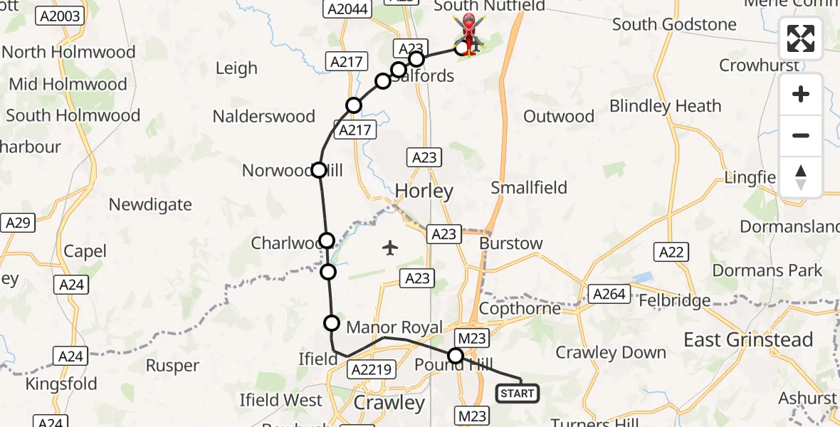Flight route Air Ambulance Helicopter Mid Sussex - Redhill Aerodrome, 25 August 2026, 12:45