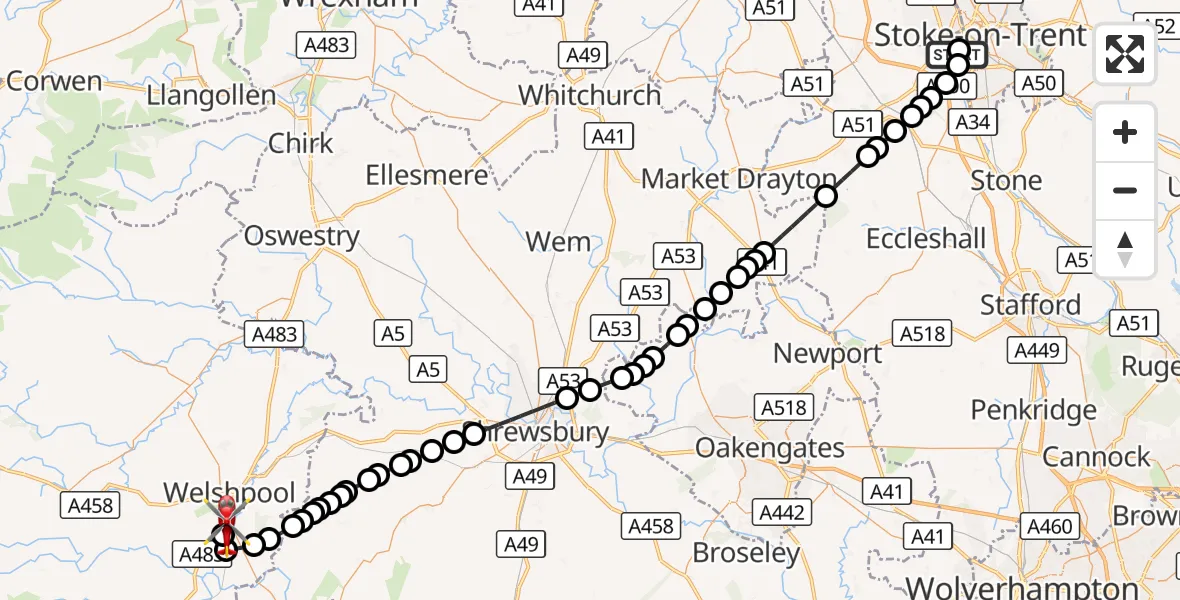 Flight route Air Ambulance Helicopter University Hospital North Staffs - Welshpool Airport, 25 August 2026, 12:45