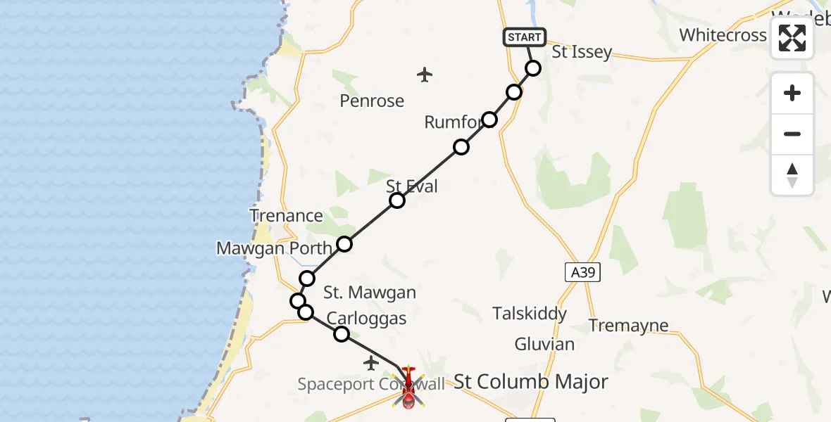 Flight route Air Ambulance Helicopter Little Petherick - Cornwall Airport Newquay, 25 August 2026, 12:46