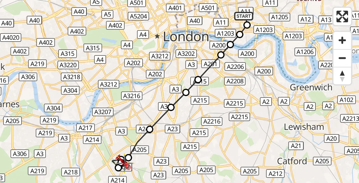 Flight route Air Ambulance Helicopter Royal London Hospital - Balham, 25 August 2026, 12:51