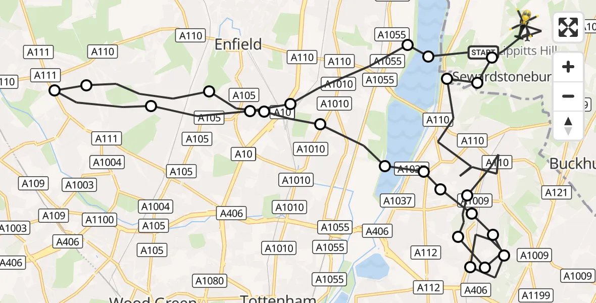 Flight route Police Helicopter Chingford - Sewardstonebury, 25 August 2026, 12:52