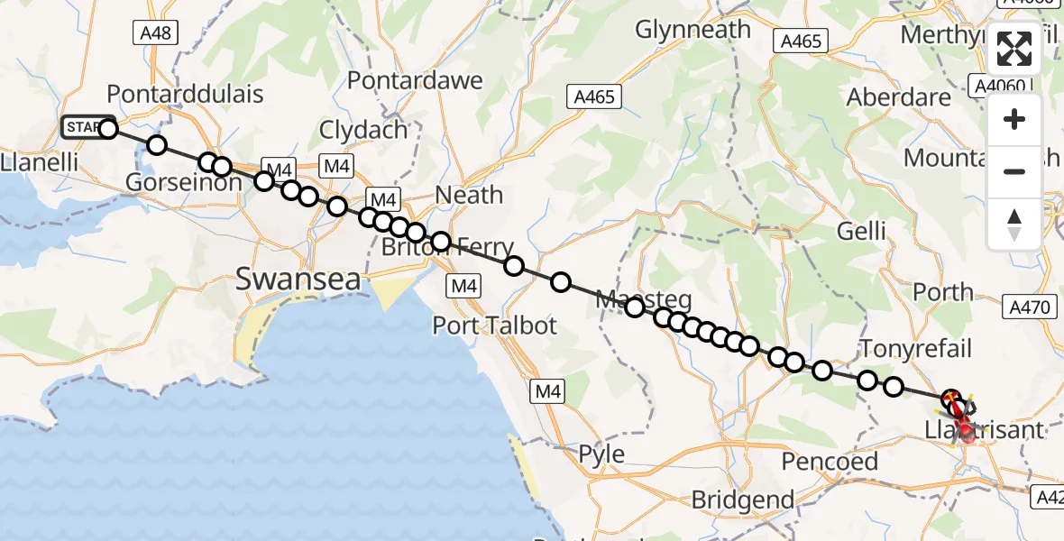 Flight route Air Ambulance Helicopter Dafen - Talbot Green, 25 August 2026, 13:02