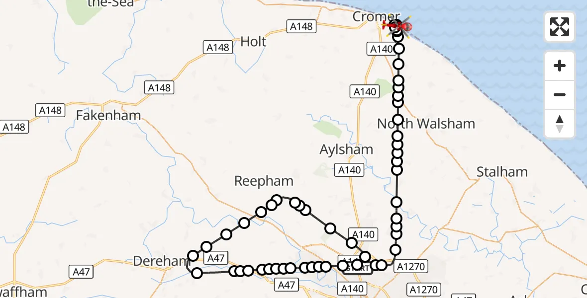 Flight route Air Ambulance Helicopter Norwich Airport - Overstrand, 25 August 2026, 13:16