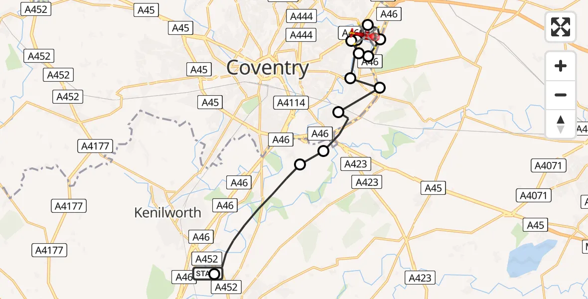 Flight route Air Ambulance Helicopter Warwick - Walsgrave, 25 August 2026, 13:17