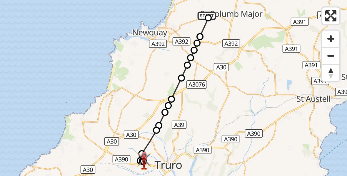 Flight route Air Ambulance Helicopter Cornwall Airport Newquay - Treliske Hospital, 25 August 2026, 13:19