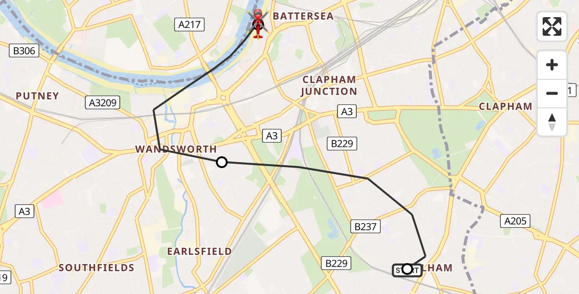 Flight route Air Ambulance Helicopter Balham - London Heliport, 25 August 2026, 13:24