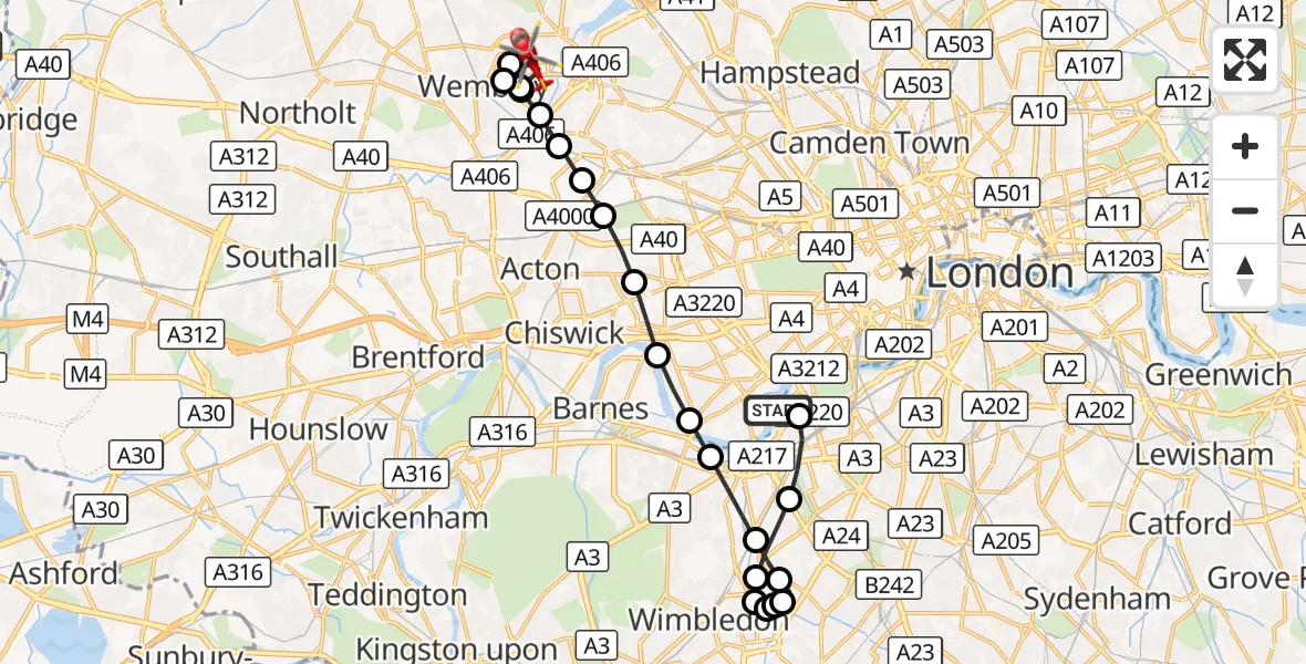 Flight route Air Ambulance Helicopter London Heliport - Wembley, 25 August 2026, 13:34