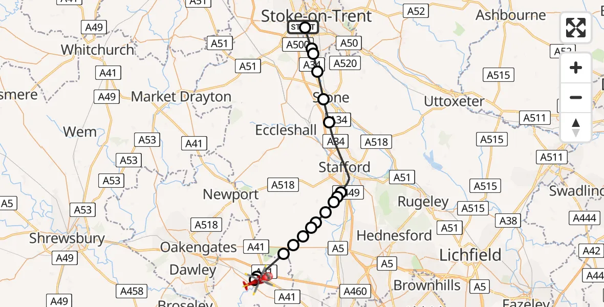 Flight route Air Ambulance Helicopter University Hospital North Staffs - Shifnal, 25 August 2026, 13:38