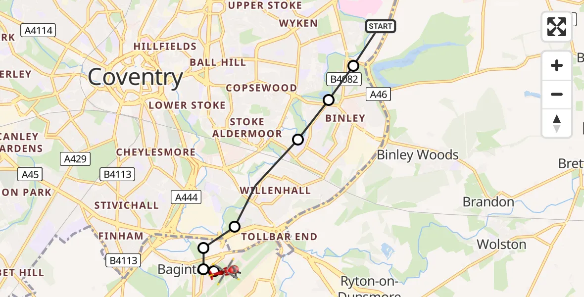 Flight route Air Ambulance Helicopter University Hospital Coventry - Coventry Airport, 25 August 2026, 13:41