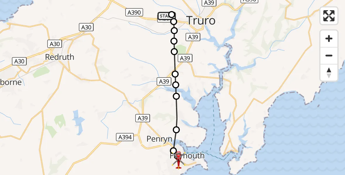 Flight route Air Ambulance Helicopter Treliske Hospital - Falmouth, 25 August 2026, 13:42