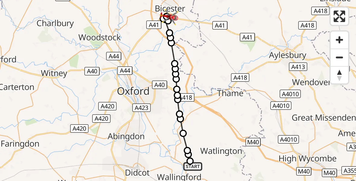 Flight route Air Ambulance Helicopter RAF Benson - Bicester, 25 August 2026, 13:45