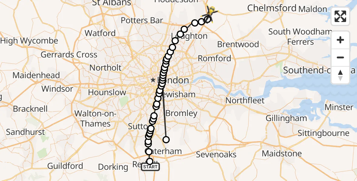 Flight route Police Helicopter South Nutfield - Coopersale, 25 August 2026, 14:22