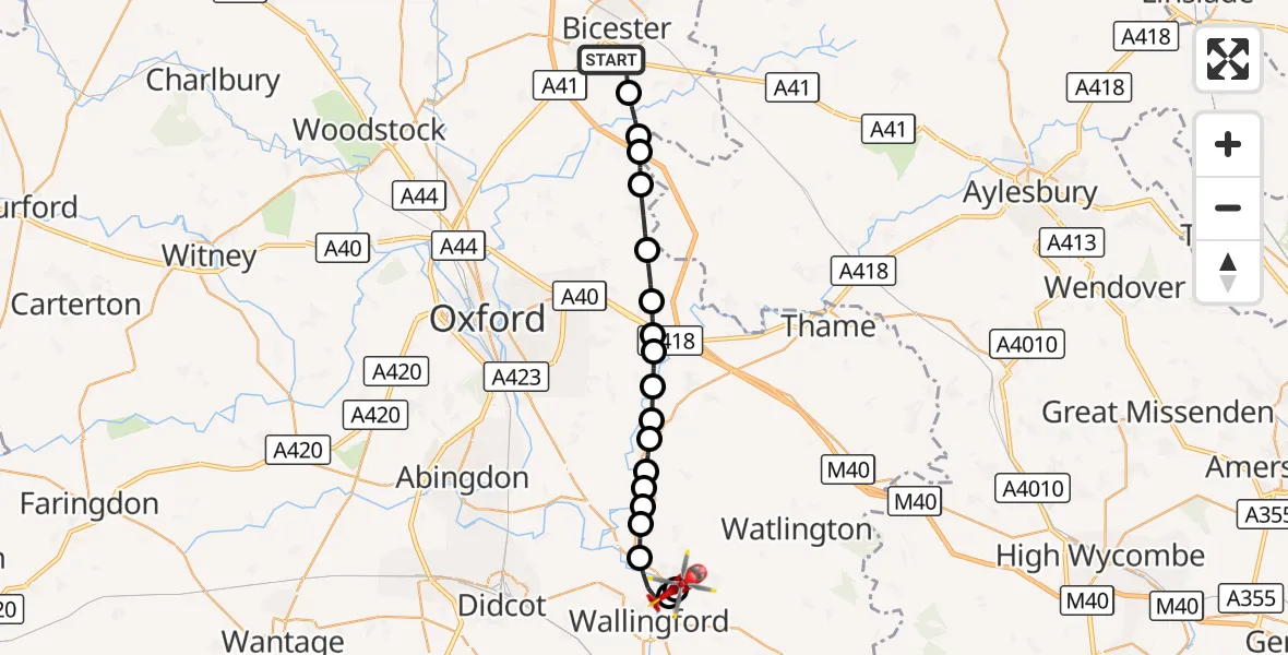 Flight route Air Ambulance Helicopter Bicester - RAF Benson, 25 August 2026, 14:34