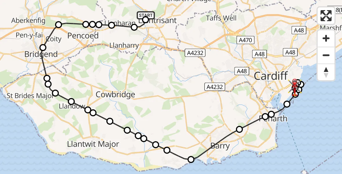 Flight route Air Ambulance Helicopter Royal Glamorgan Hospital Heliport - Cardiff Heliport, 25 August 2026, 14:38