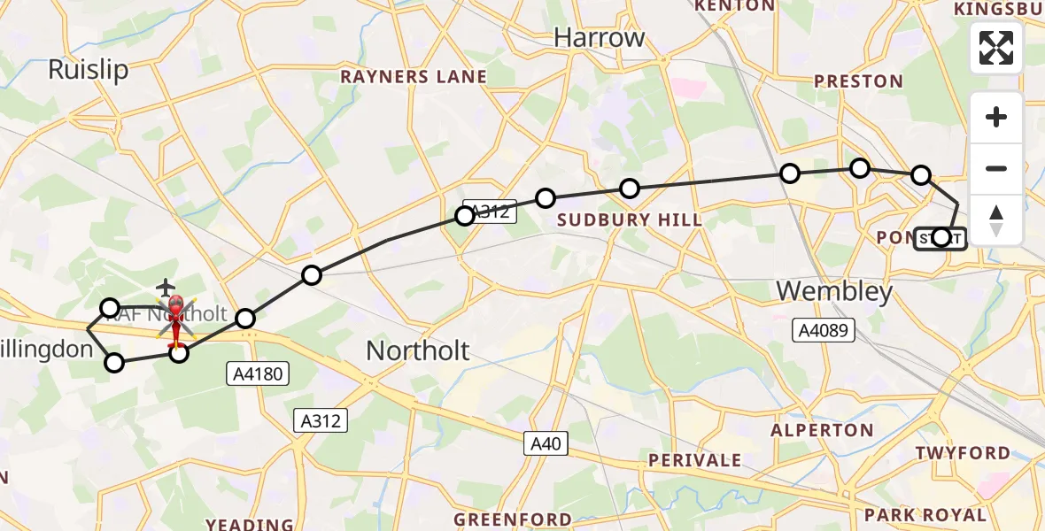 Flight route Air Ambulance Helicopter Dogs Off Lead Area - RAF Northolt, 25 August 2026, 14:55