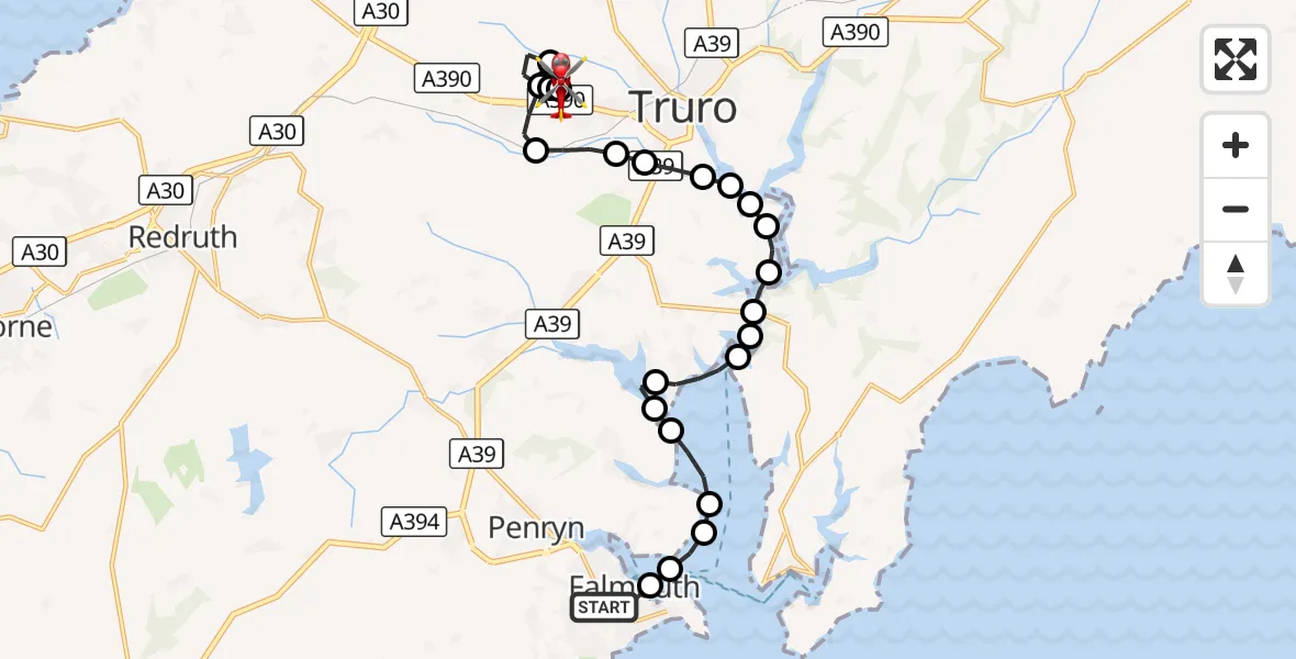 Flight route Air Ambulance Helicopter Falmouth - Treliske Hospital, 25 August 2026, 14:56