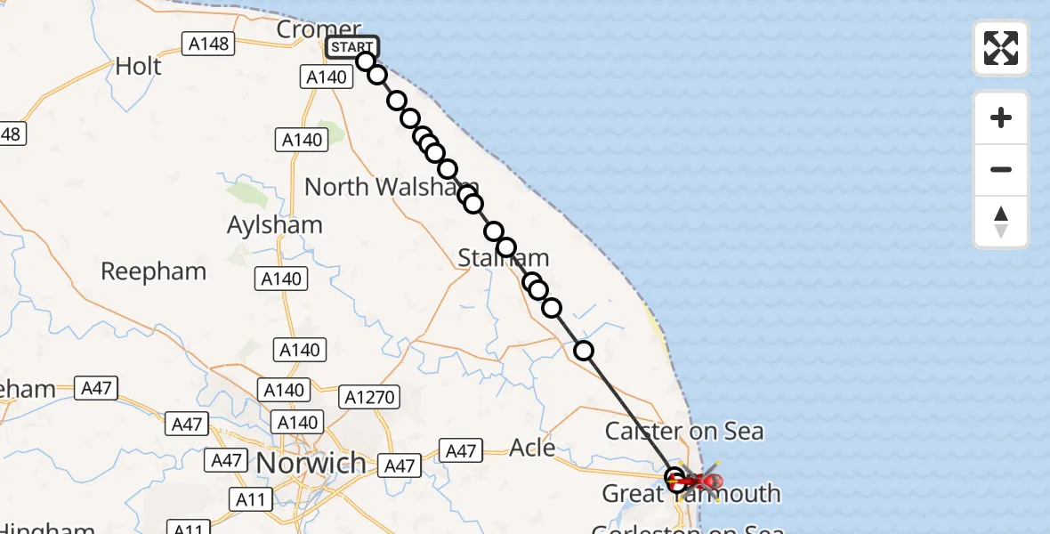 Flight route Air Ambulance Helicopter Overstrand - Great Yarmouth, 25 August 2026, 15:02