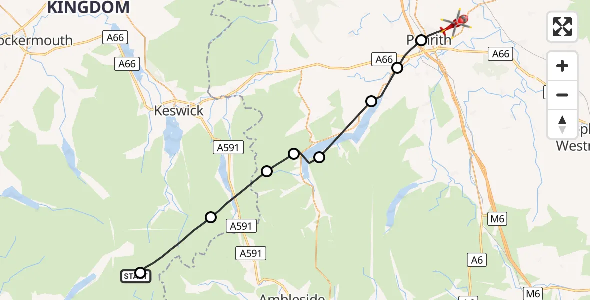 Flight route Air Ambulance Helicopter Eskdale - Penrith, 25 August 2026, 15:02