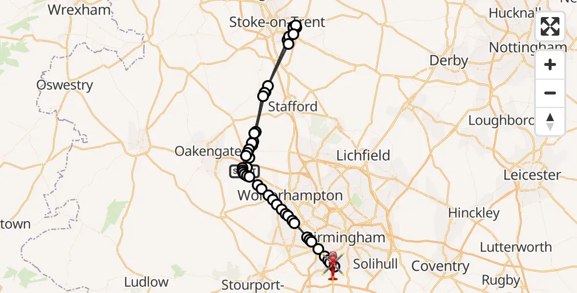 Flight route Air Ambulance Helicopter RAF Cosford - Hawkesley, 25 August 2026, 15:14