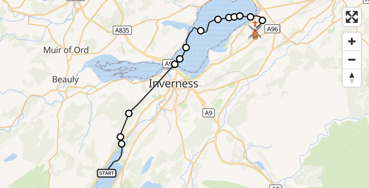 Flight route Coastguard Helicopter Loch Ness - Inverness Airport, 25 August 2026, 15:13